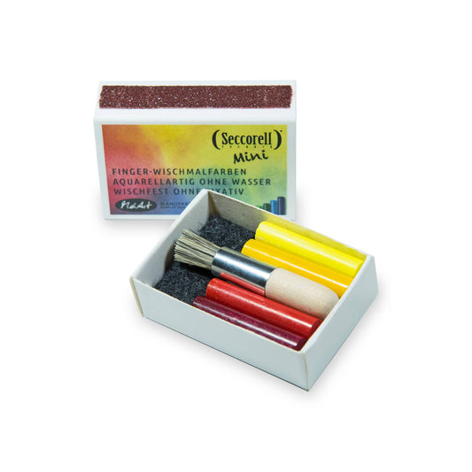 Seccorell Mini geöffnet – zeigt 8 Farbstäbchen, Reibefläche und Reinigungsbürste für kreative Finger-Wischtechnik