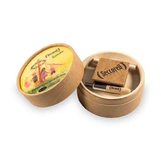 Seccorell Rondo Dose geöffnet – zeigt abnehmbaren Kümpel mit Reibeblock, Reinigungsbürste und Radierstift, für vielseitigen Einsatz